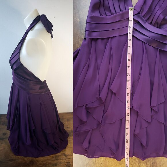 Deep Purple BCBG Fun Formal Mini Halter Dress w Pleats, Sheer Ruffle Fabric - Picture 3 of 15
